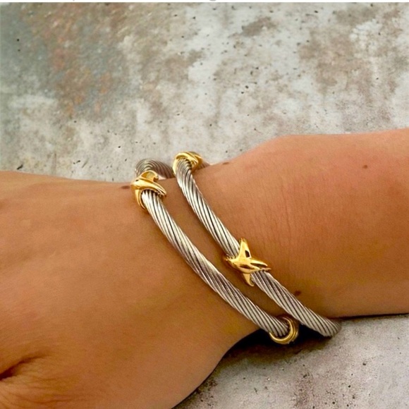 GOLD & SILVER PLATED TITANIUM STEEL ROPE CUFF BRACELETS WITH “X” DETAILS - Picture 10 of 12